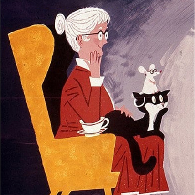Elderly woman in glasses sitting on yellow chair with black and white cat and white mouse on her lap.