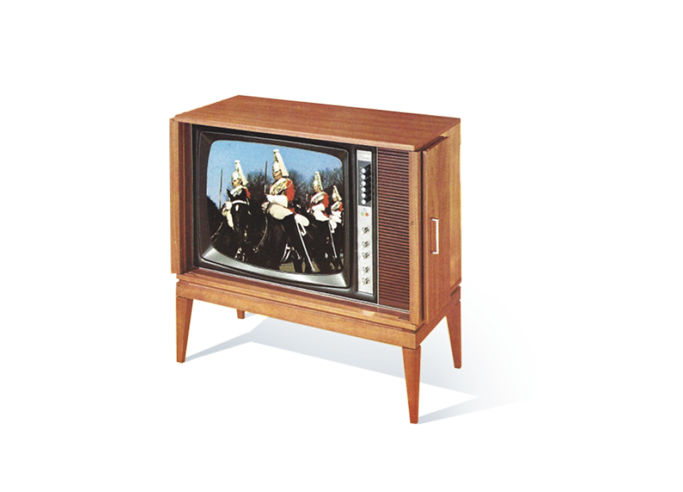 Vintage wooden console TV showing a ceremonial horse parade with riders in historic uniforms.