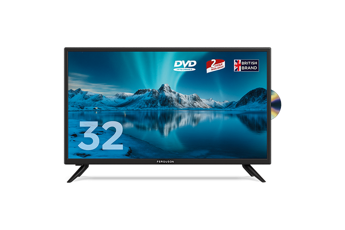 32-inch Ferguson TV displaying snowy mountain landscape with DVD and British Brand logos.