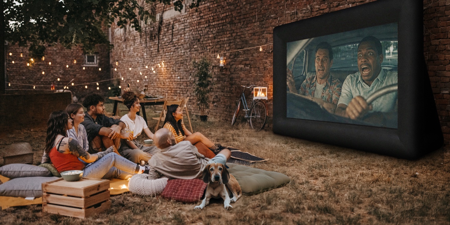 Outdoor movie night on a Ferguson self-inflatable screen