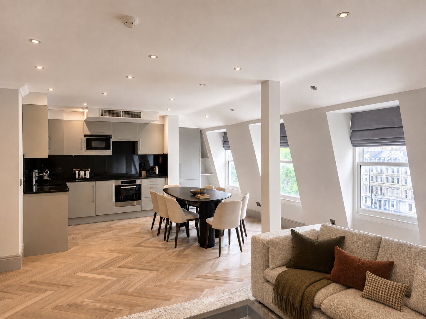 Open-plan living room and kitchen in the Ashburn Court penthouse