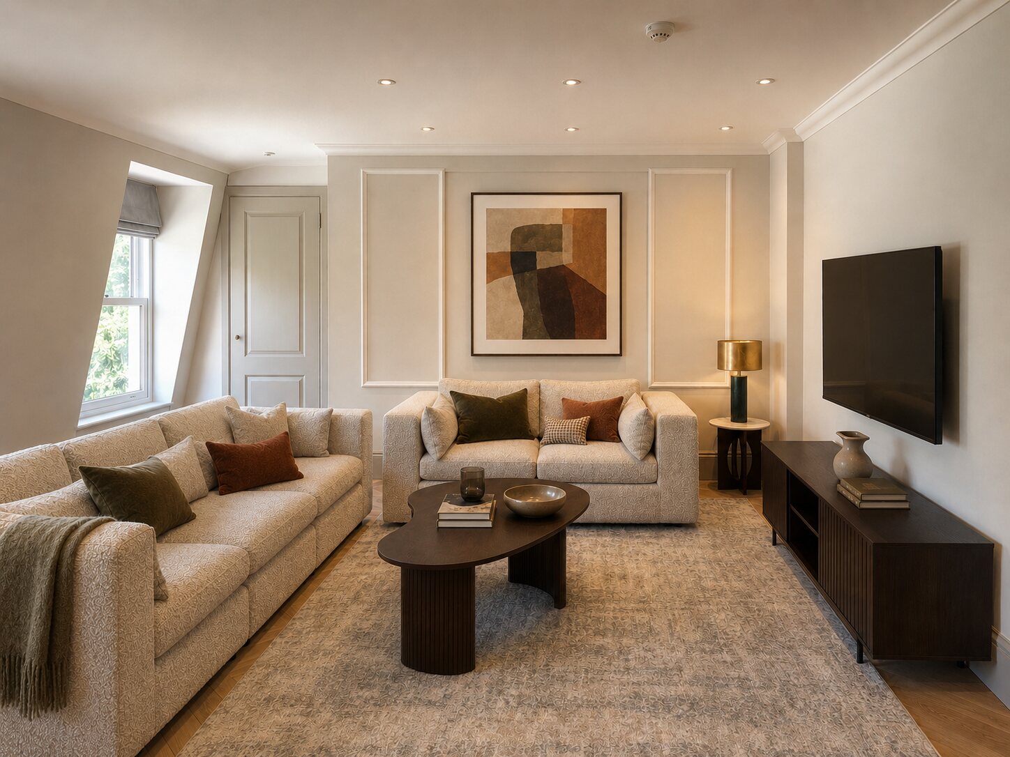 Styled living room in the Ashburn Court penthouse in Kensington