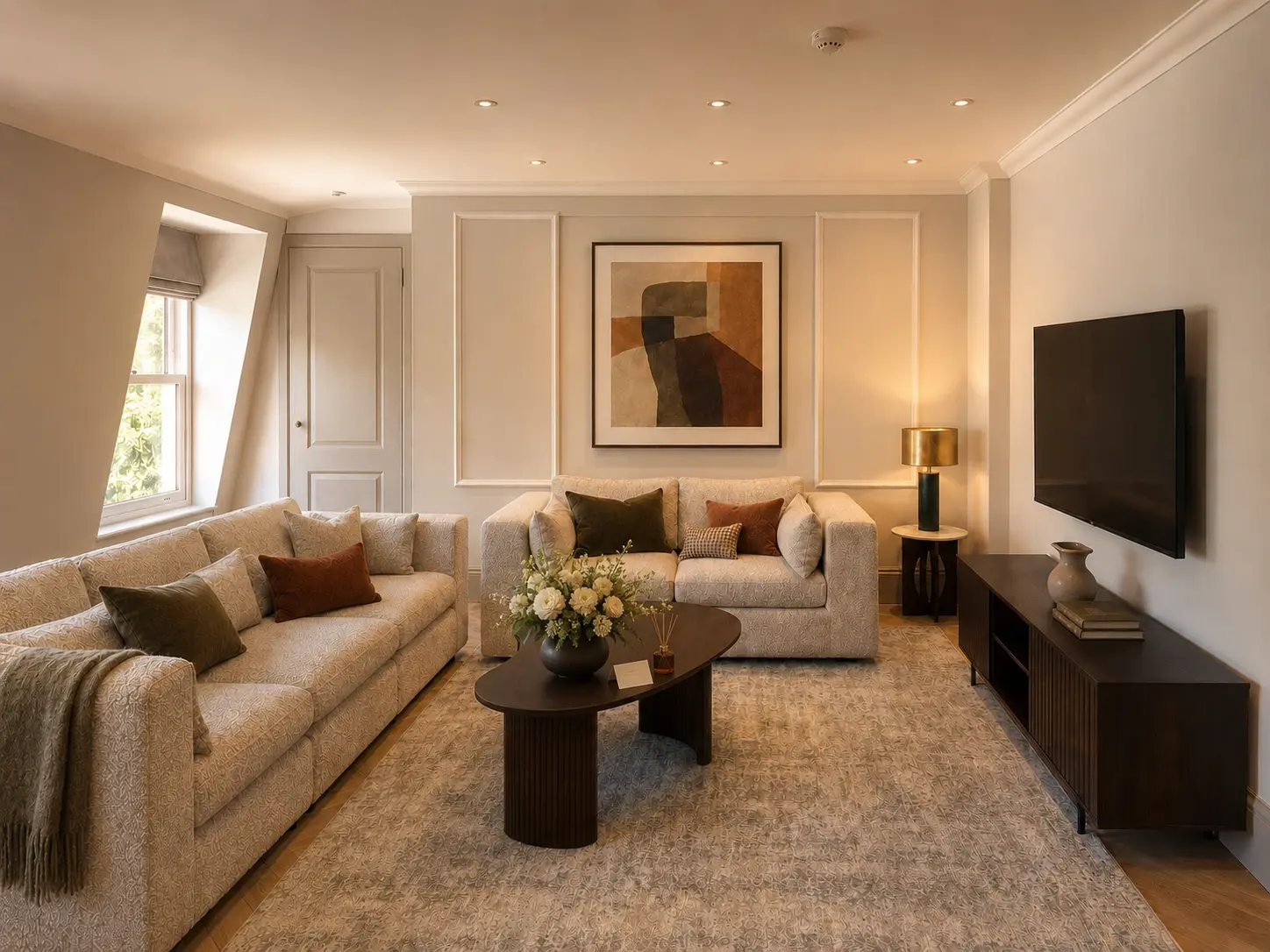 Flowers and a fragrance welcome arranged in the Ashburn Court penthouse living room