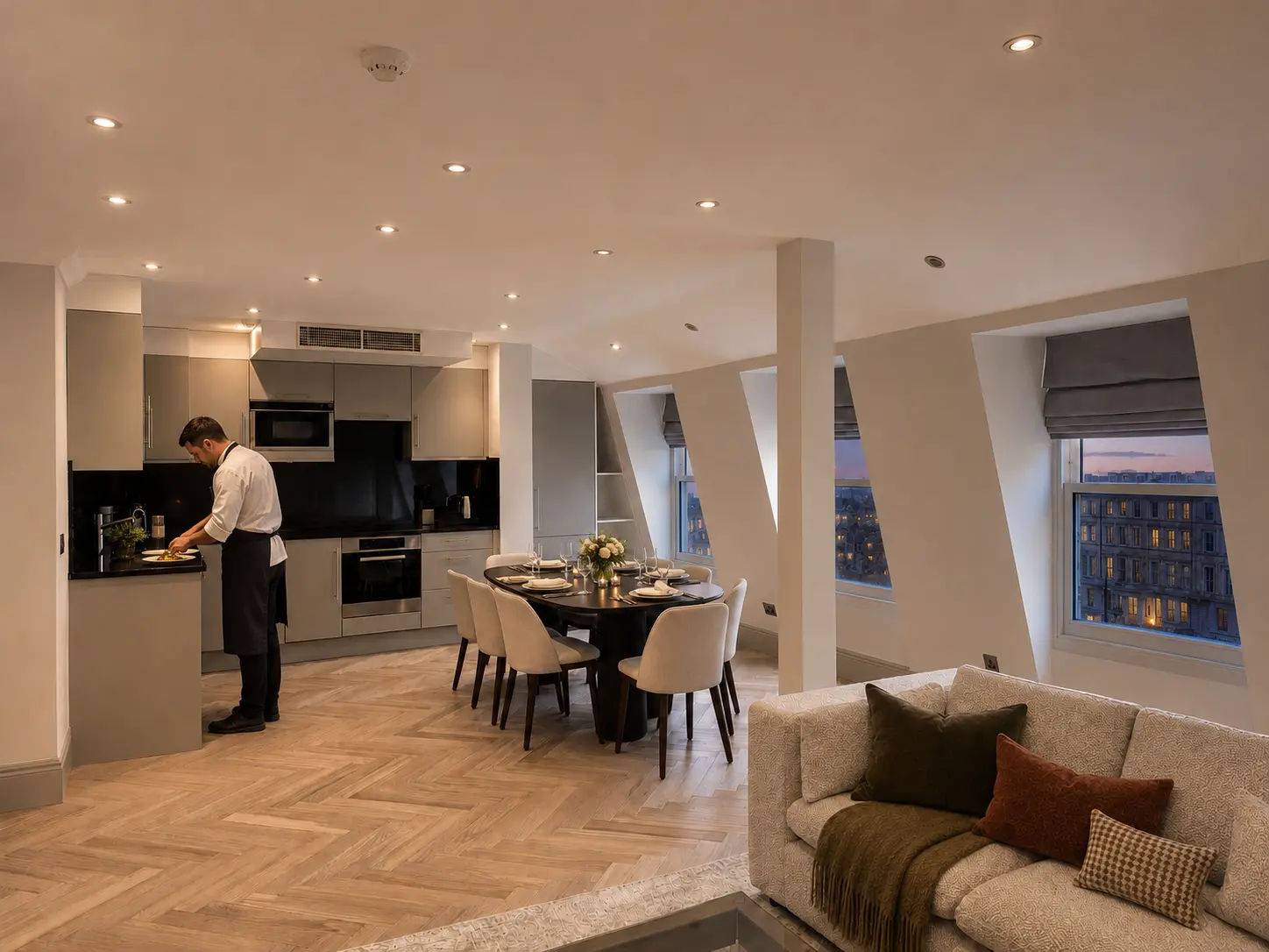 Private chef preparing dinner in the Ashburn Court penthouse kitchen and dining room
