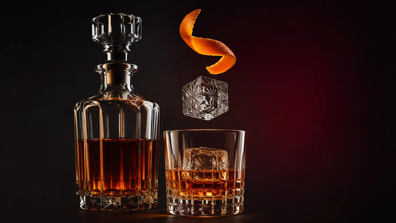 Cut-crystal bourbon decanter, tumbler, ice and orange peel against an oxblood backdrop.