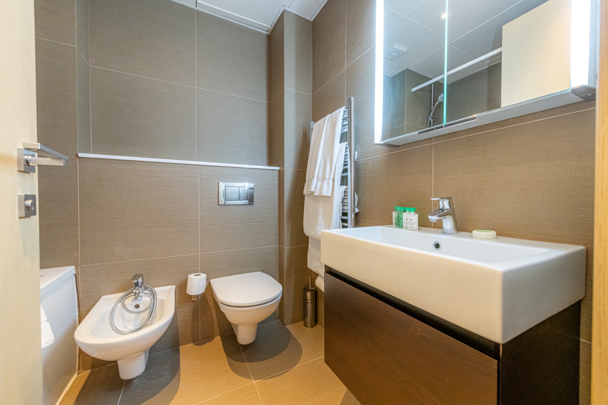 Bathroom with shower and vanity in the Two Bedroom Executive apartment at Claverley Court
