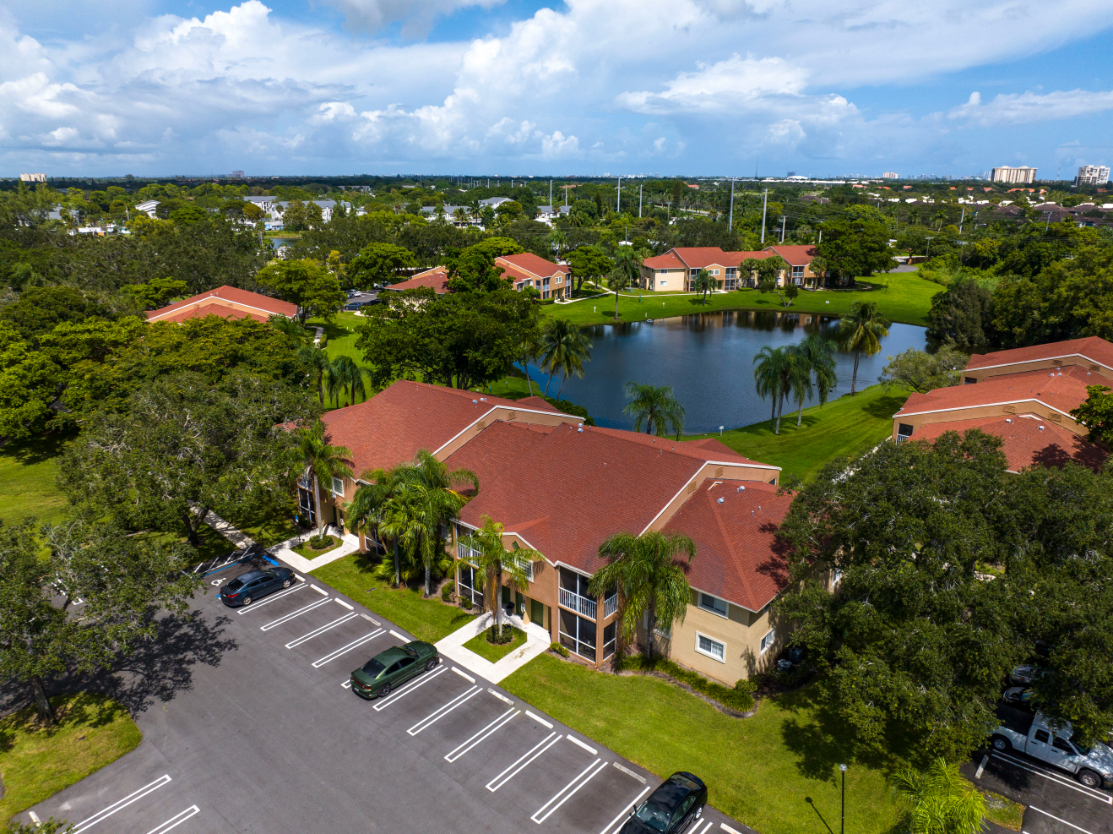 Birds eye view of exterior and parking lot