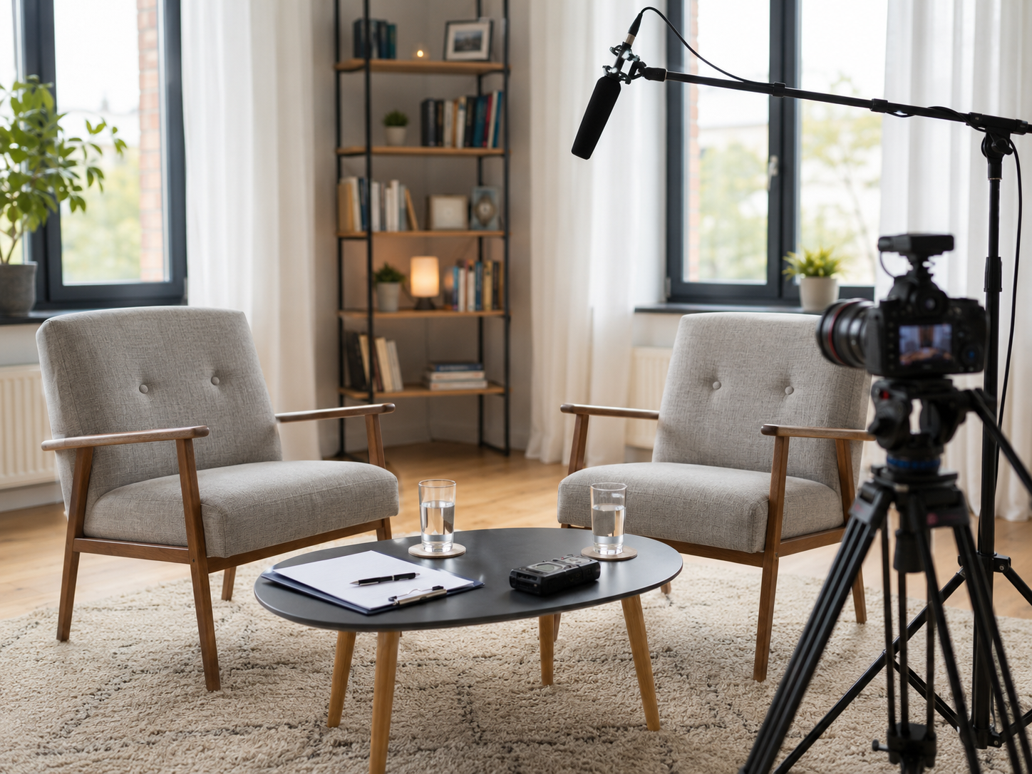 Podcast recording set with cameras and microphones