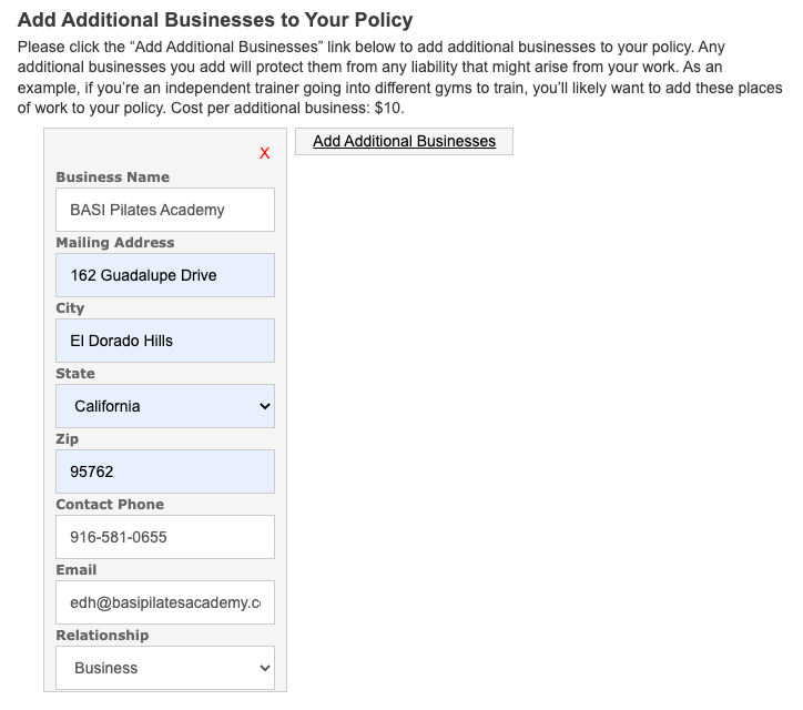 Screenshot of a liability insurance application listing BASI Pilates Academy - El Dorado Hills as an additional insured