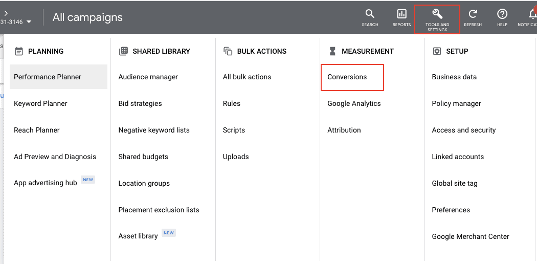 Navigation to Tools and Settings - Conversions