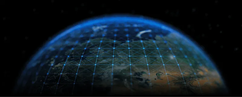 View of Earth partially covered by a glowing digital network grid on a dark background.