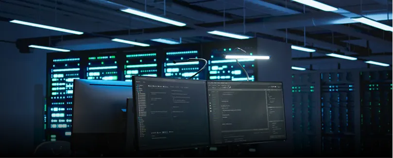 Dual monitors displaying code in a dark server room with illuminated server racks in the background.