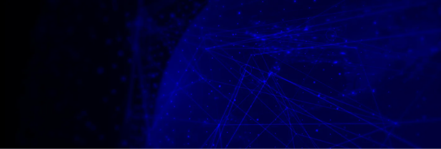 Dark blue digital network globe with connecting lines and dots on black background.