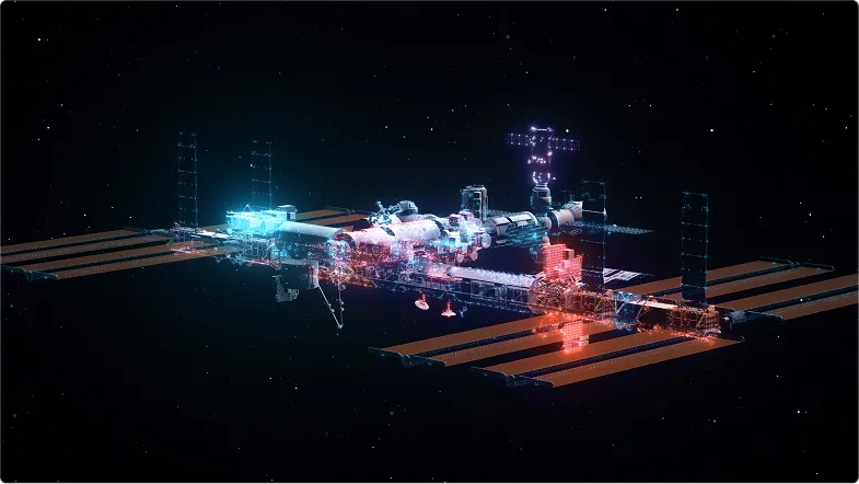 Digital glowing 3D model of a space station orbiting in deep space with solar panels extended.