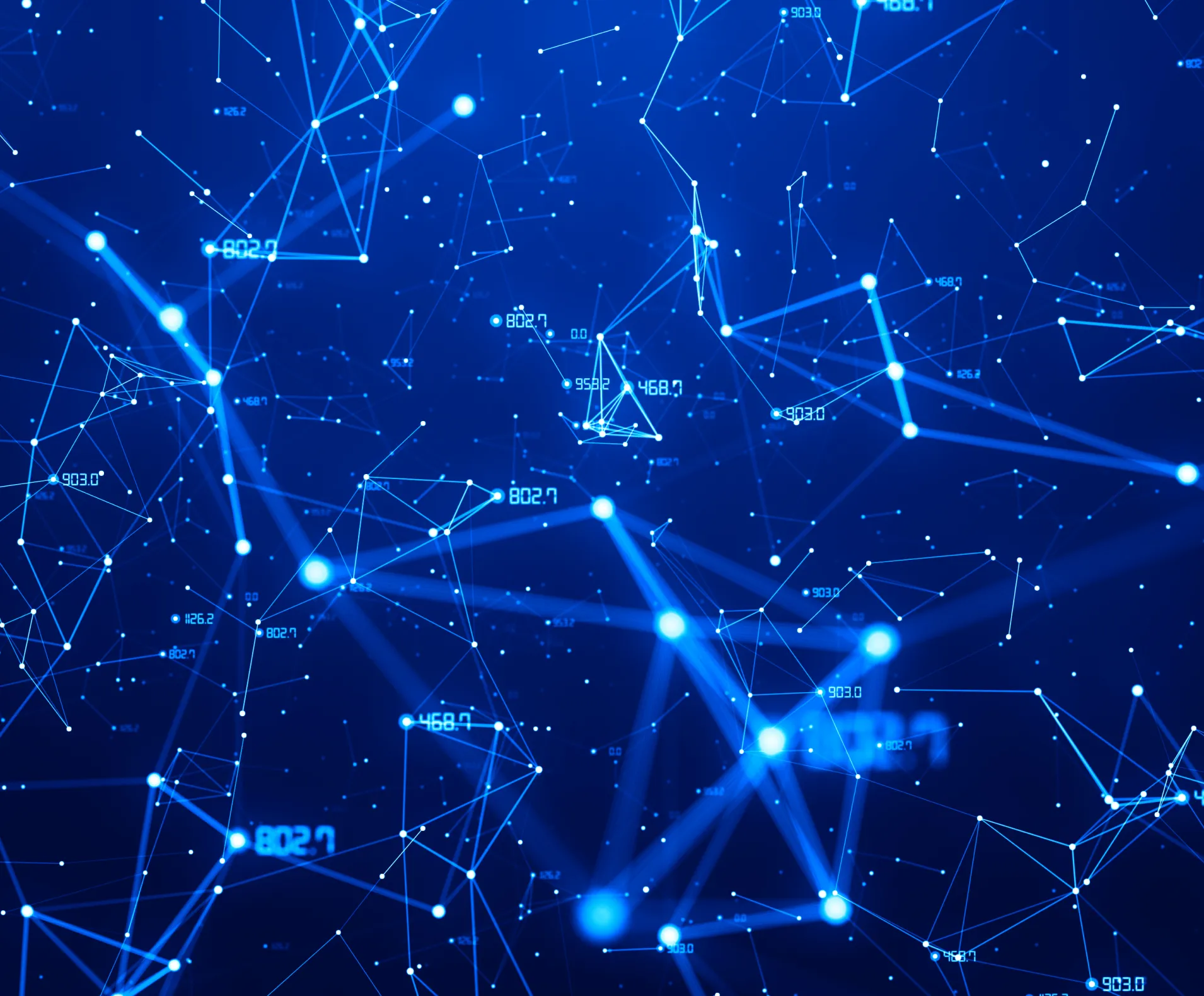 Blue network of connected glowing nodes and lines with scattered numeric data on a dark background.