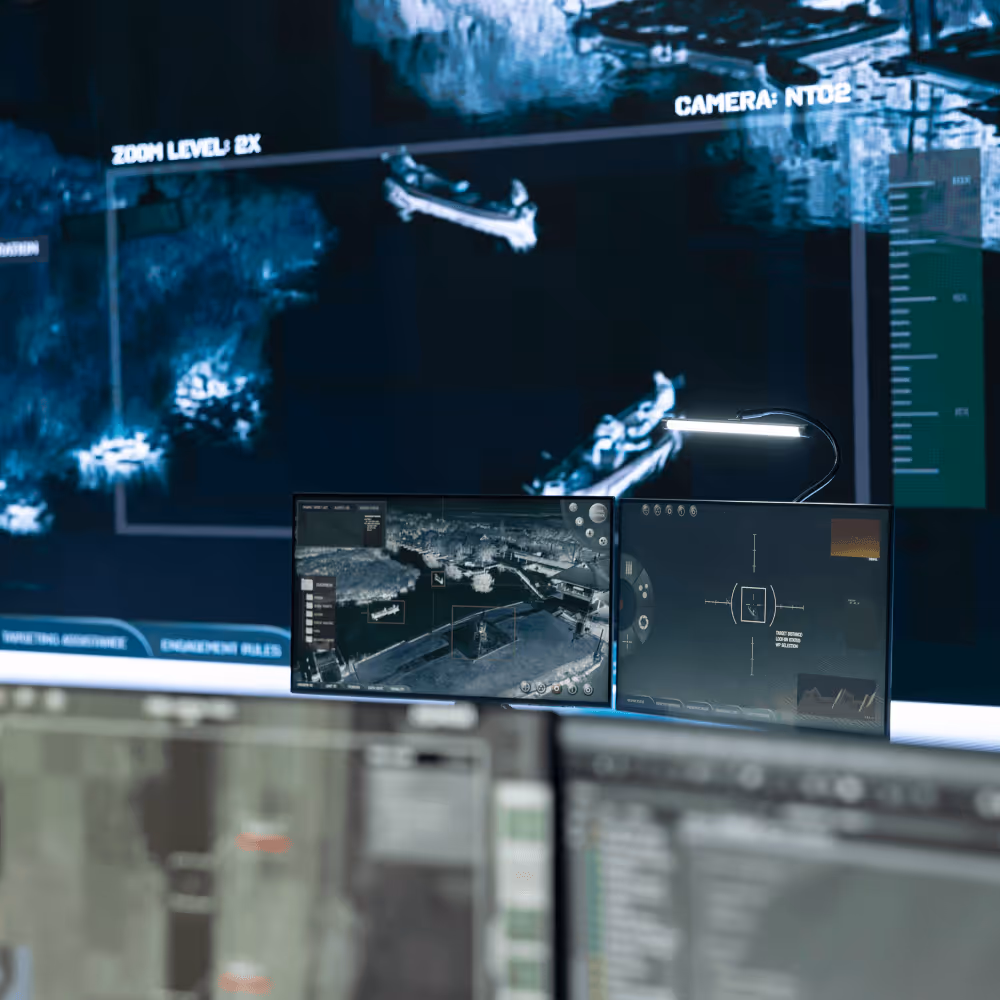 Two monitors show drone or boat surveillance imagery with target interface and zoom controls.