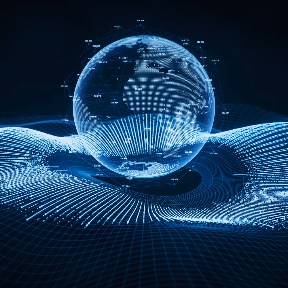 Digital globe with data points and network lines over grid waves representing global connectivity.