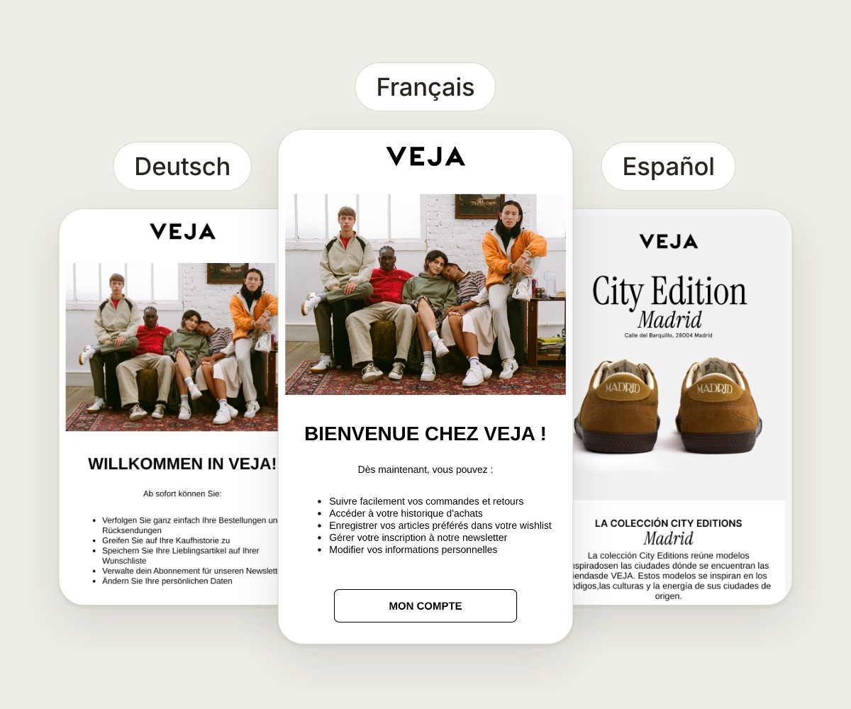 Emails VEJA envoyés depuis Klaviyo : bienvenue en allemand et en français, campagne City Edition Madrid en espagnol