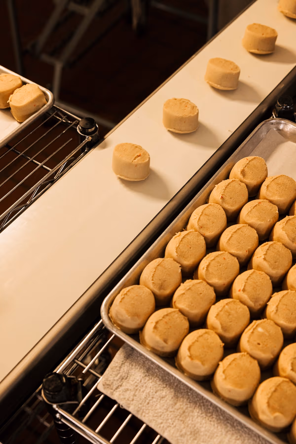 Tray of uniform round dough pieces lined up on a metal rack next to a conveyor belt with more dough pieces.