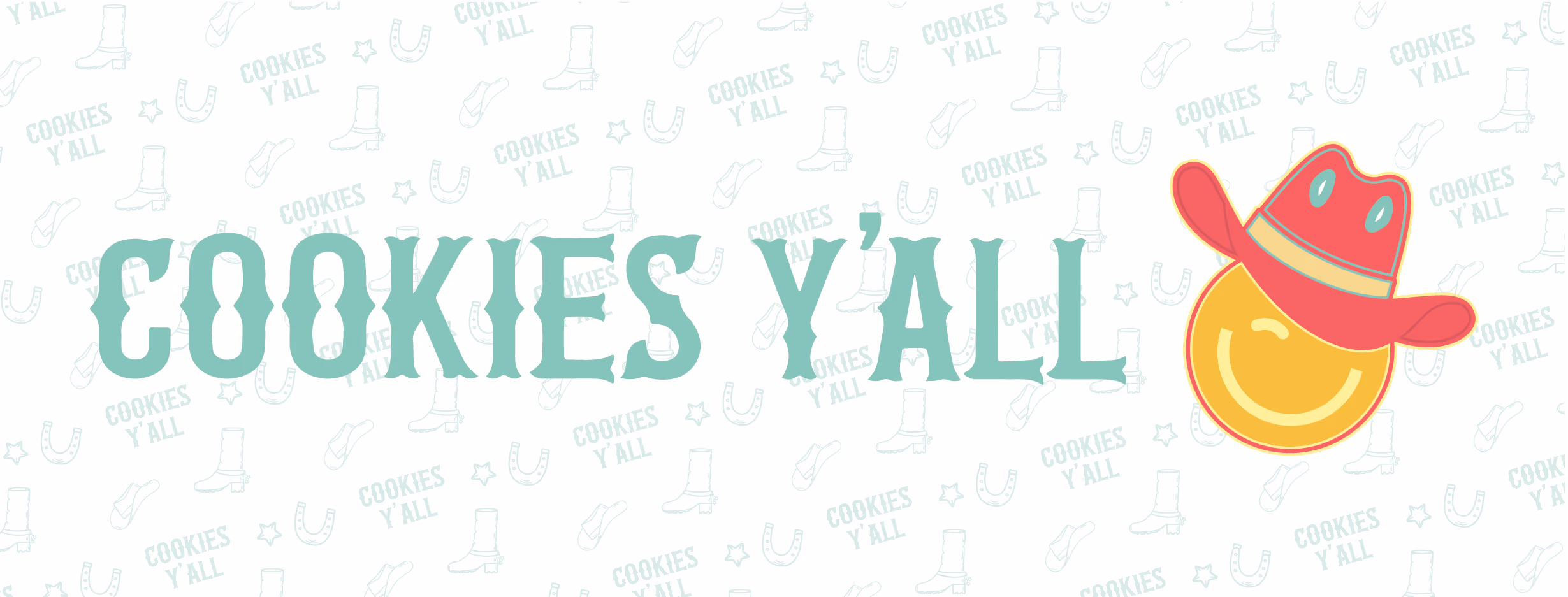 'Cookies Y'all' lettering with a smiley face in a pink cowboy hat