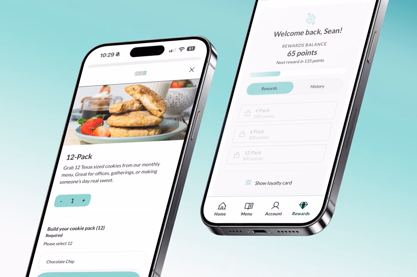 The Cookie Society app on two phones, showing a cookie order and rewards points
