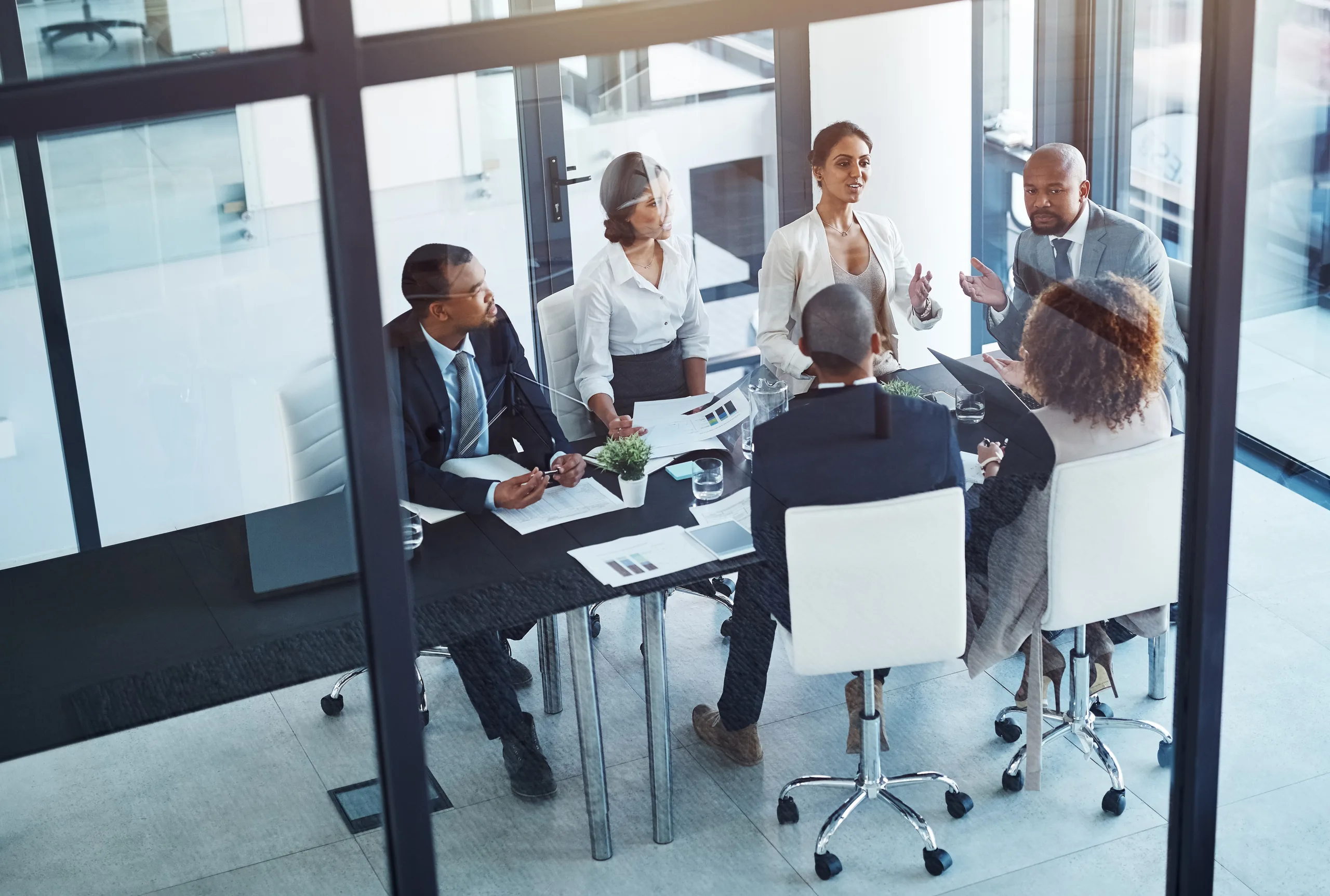 Business team collaborating in a modern conference room