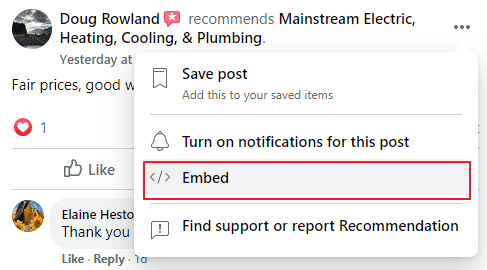 Select the Facebook “Embed” option