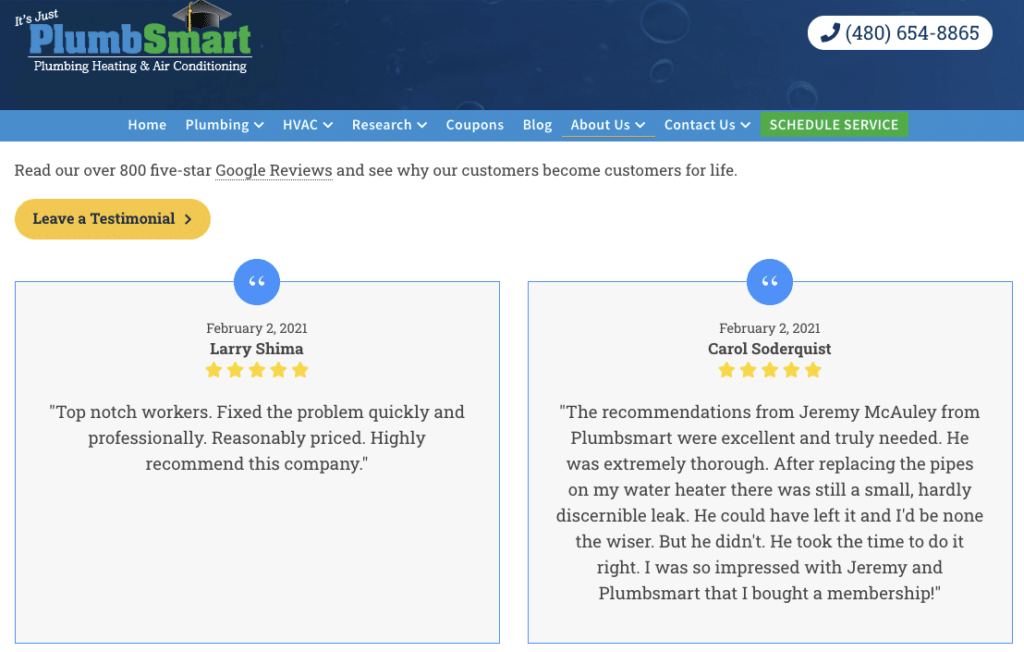 plumber testimonial marketing
