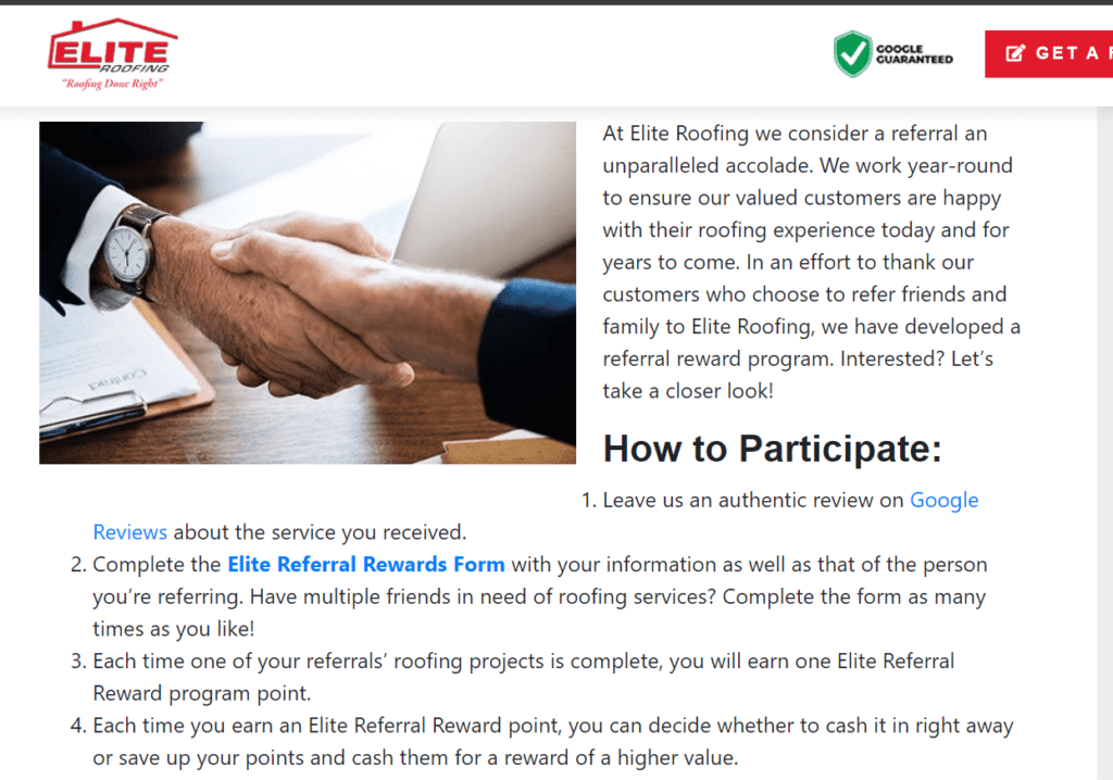 Elite Roofing's referral reward program.