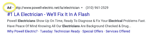 Google ad for electrician.