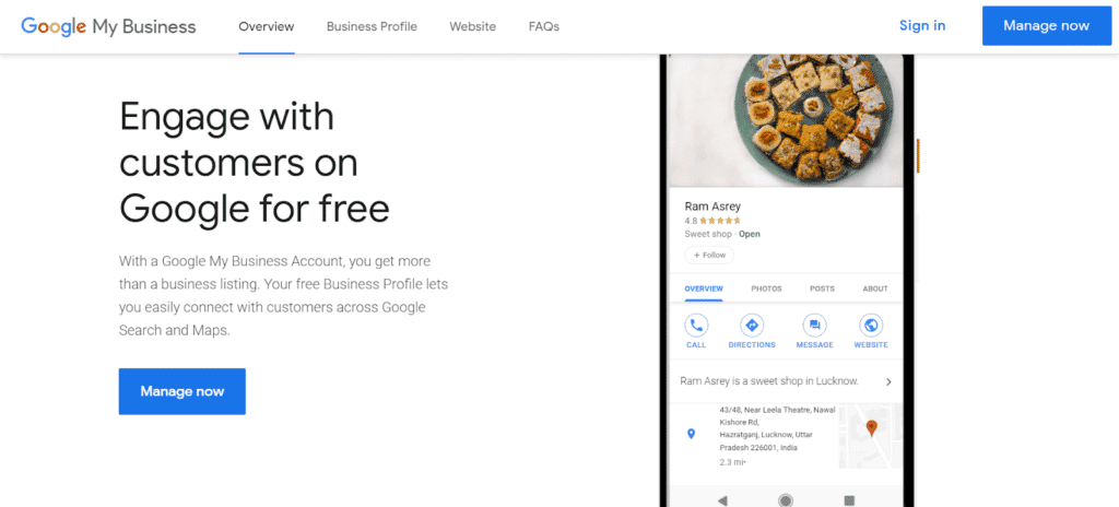 Google My Business homepage.