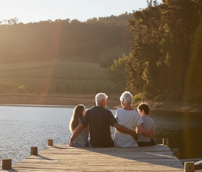 Retired couple and two grand-children sitting on dock, overlooking calm lake and wooded hills at sunset.