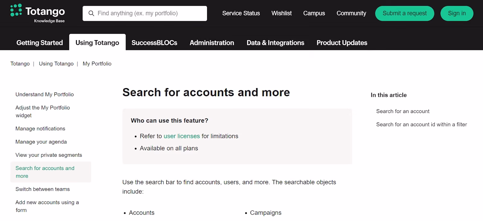 Totango FAQ example: writing an FAQ page