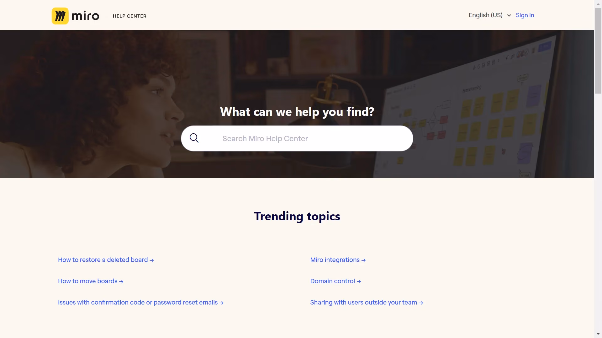 Screenshot from Miro help center page