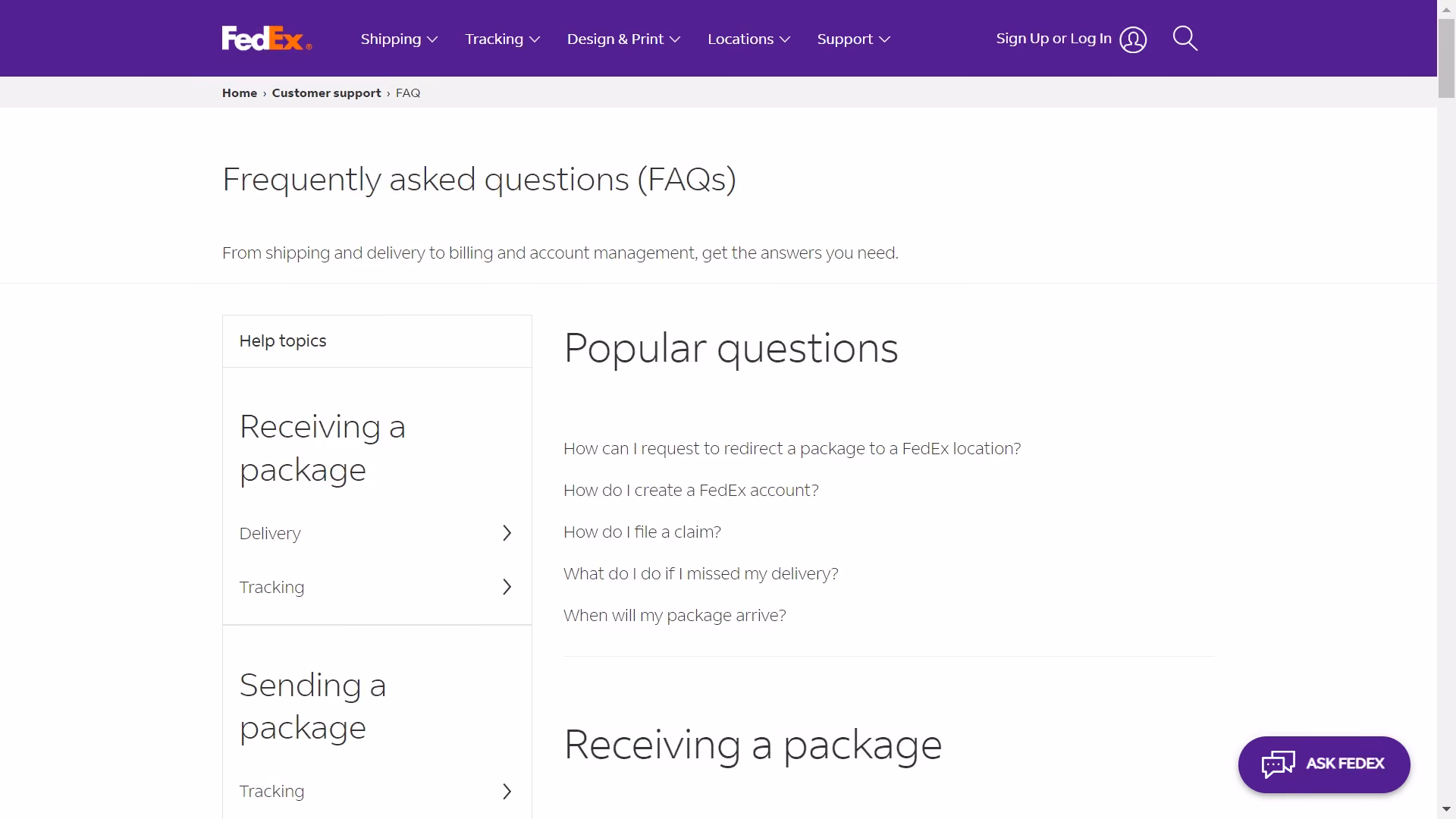 Screenshot from FedEx customer support FAQ page