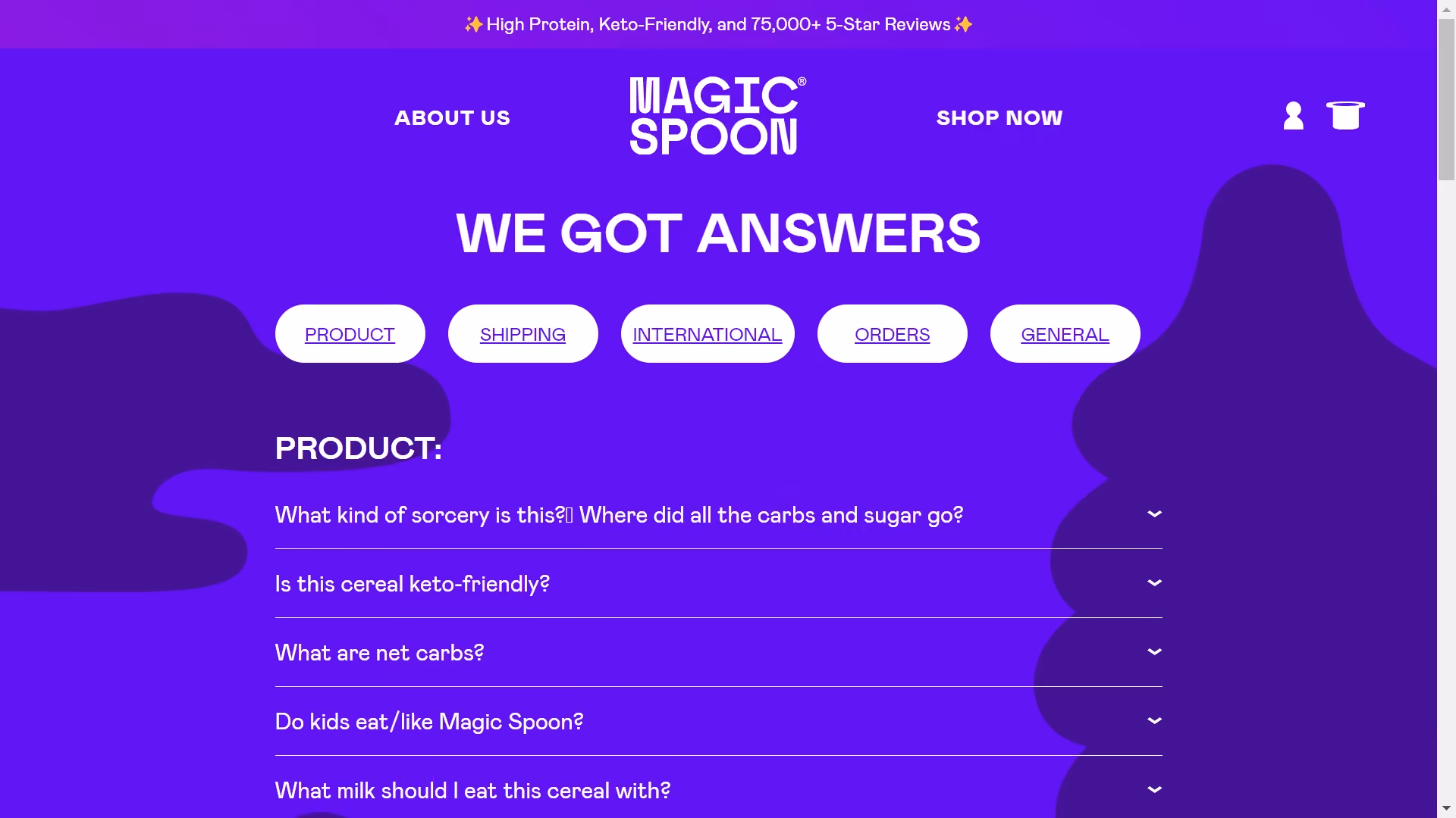 Screenshot of Magic Spoon’s FAQ page