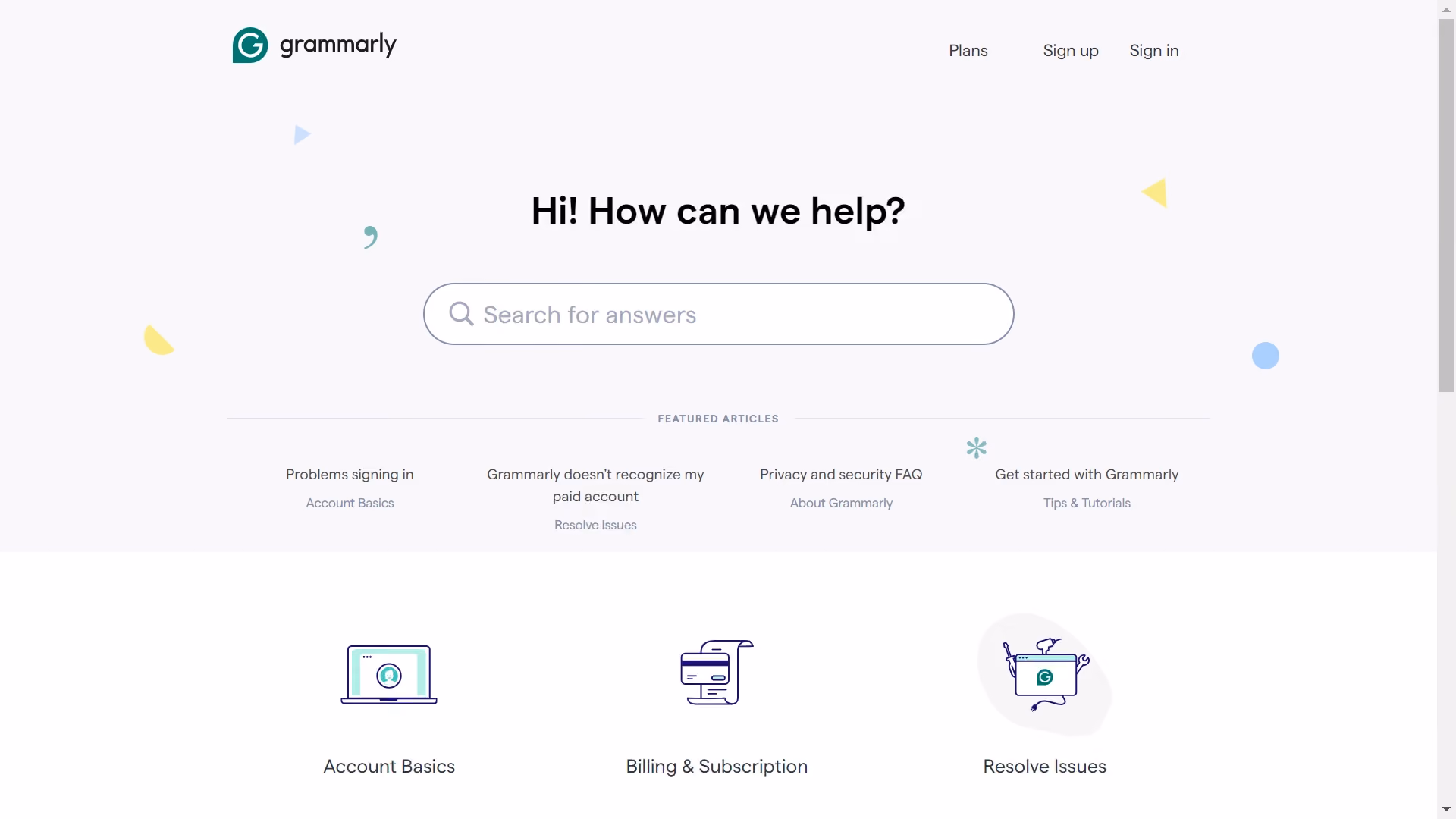 Screenshot from Grammarly help center page