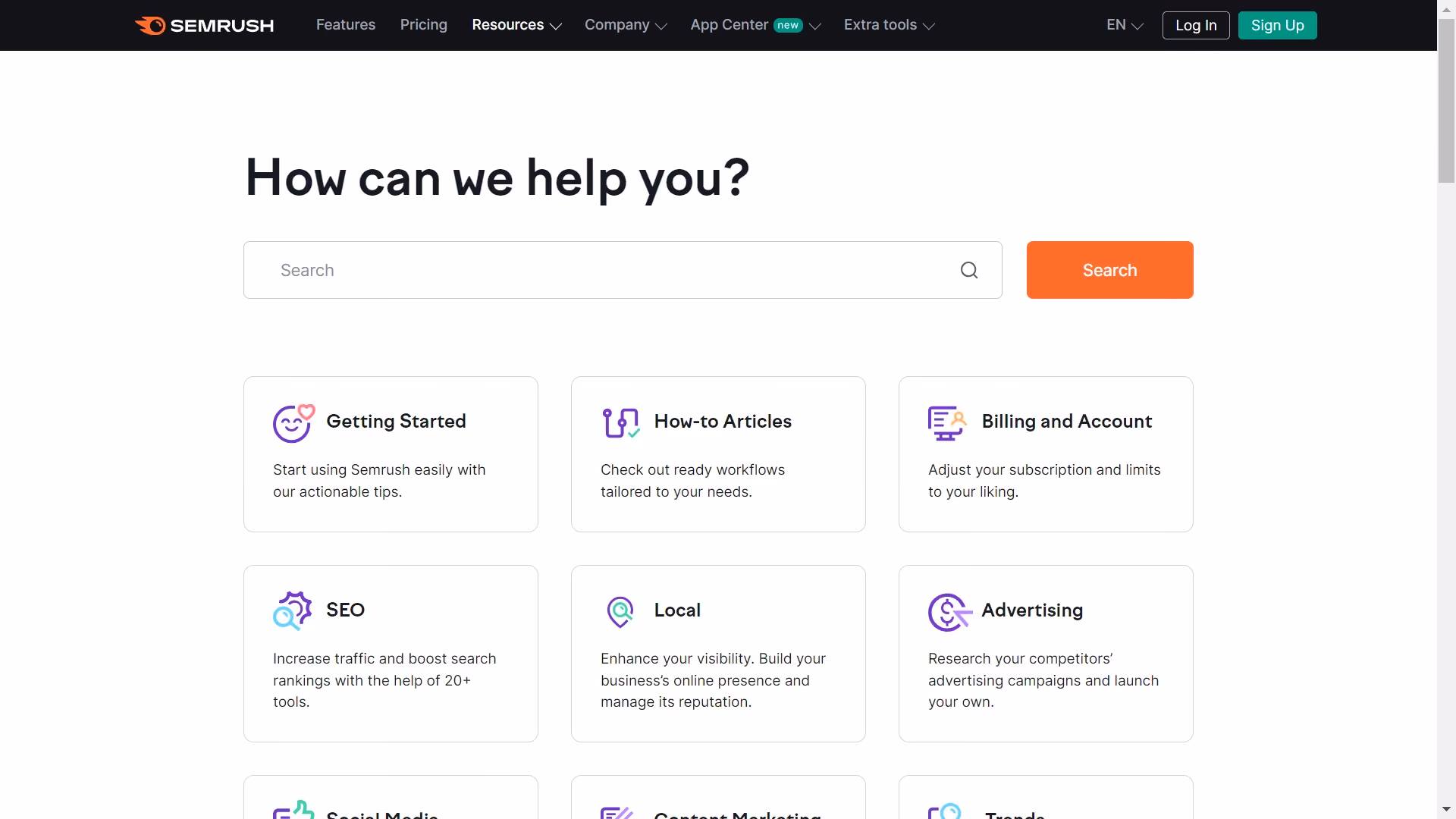 Screenshot from Semrush help center page