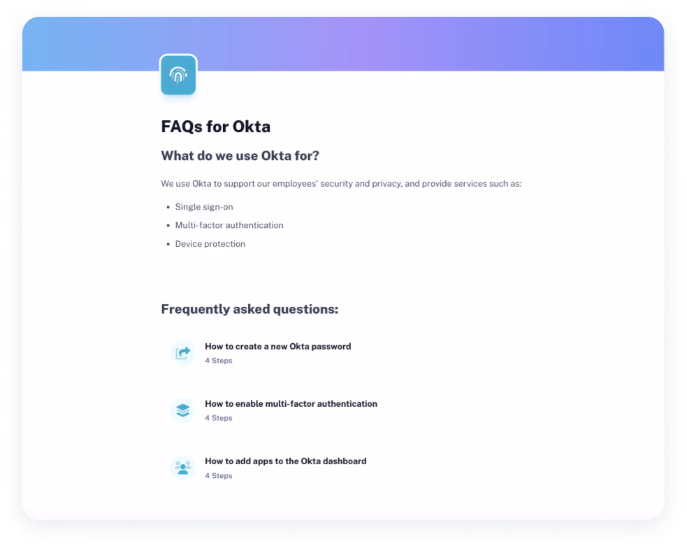 Okta FAQs created with Scribe - Knowledge sharing systems