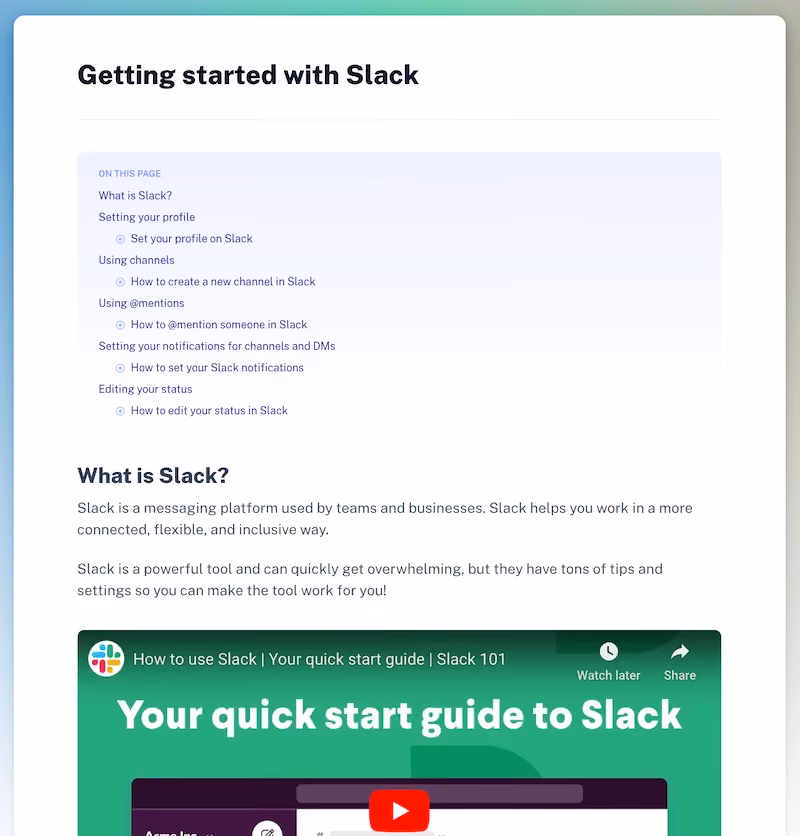User manual table of contents in the Getting started with Slack Scribe: user manual templates
