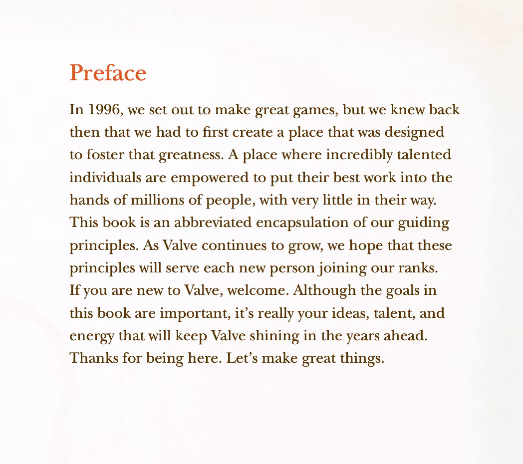 Introduction to an employee handbook by Valve.