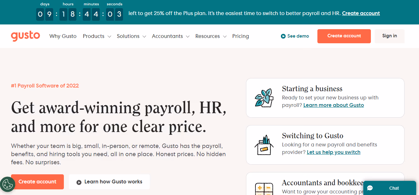 Gusto home page — best HR software