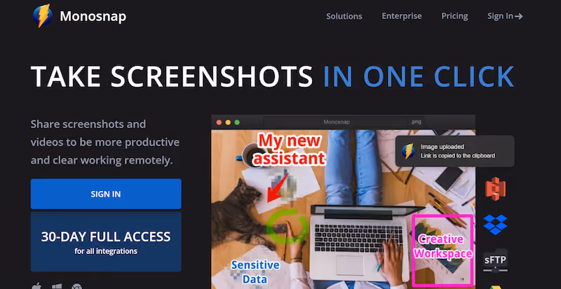 Monosnap allows you to securely upload your screenshots to the cloud.
