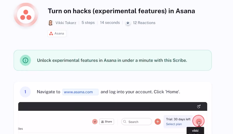 Scribe on how to turn on hacks (experimental features) in Asana: user manual software