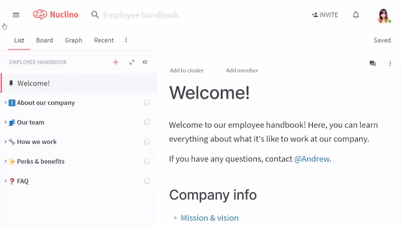 Nuclino workspace: user manual tools