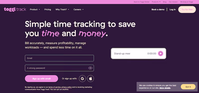productivity chrome extension — toggl track home page