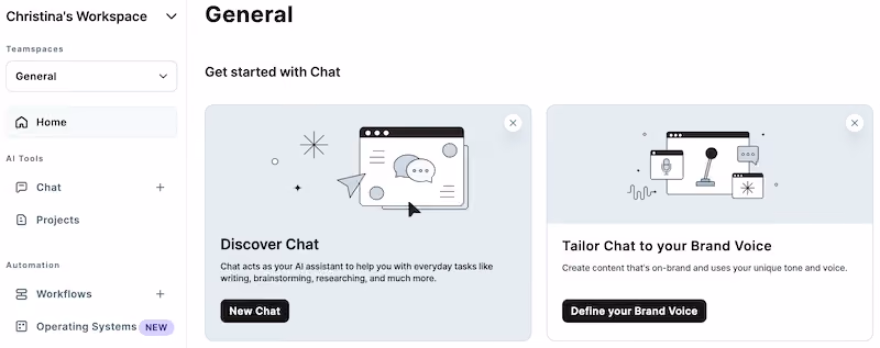 Copy.ai workspace home AI writing software