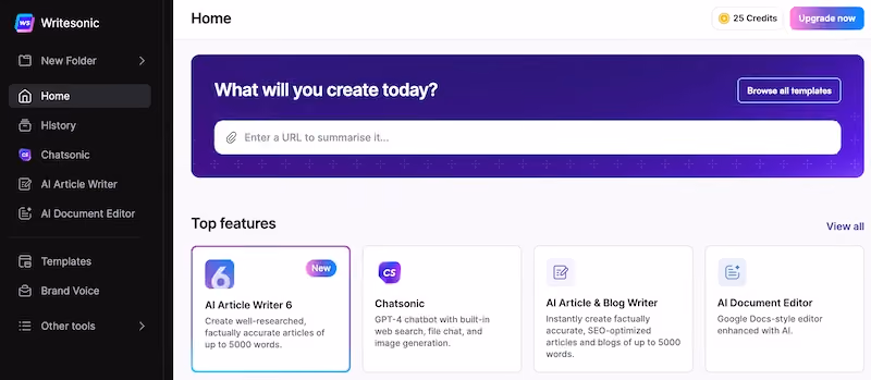 Writesonic home dashboard AI writing software
