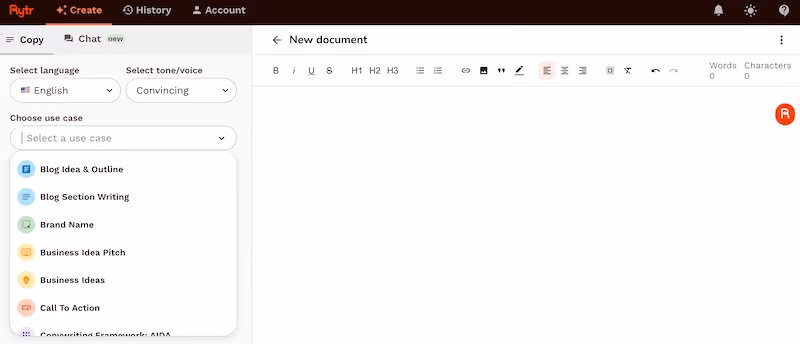 Rytr platform home AI writing assistant