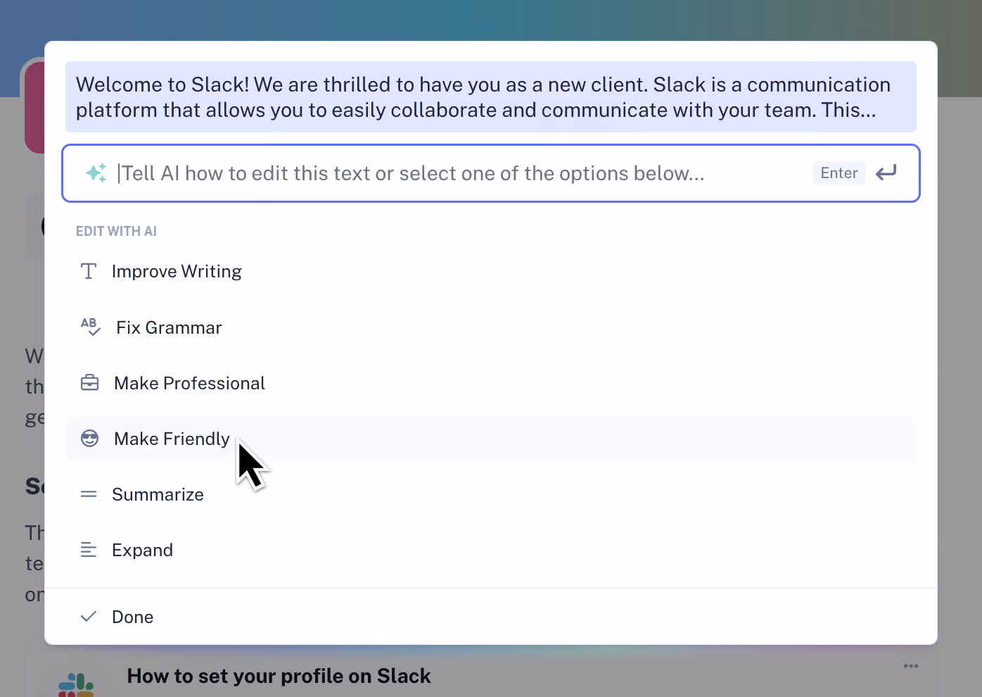 Screenshot of Scribe AI edit recommendations, such as improve writing, fix grammar and make professional. 